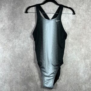 Nike One Piece Swimsuit Womens Size 10 Black Silver Racerback Sleeveless Swoosh